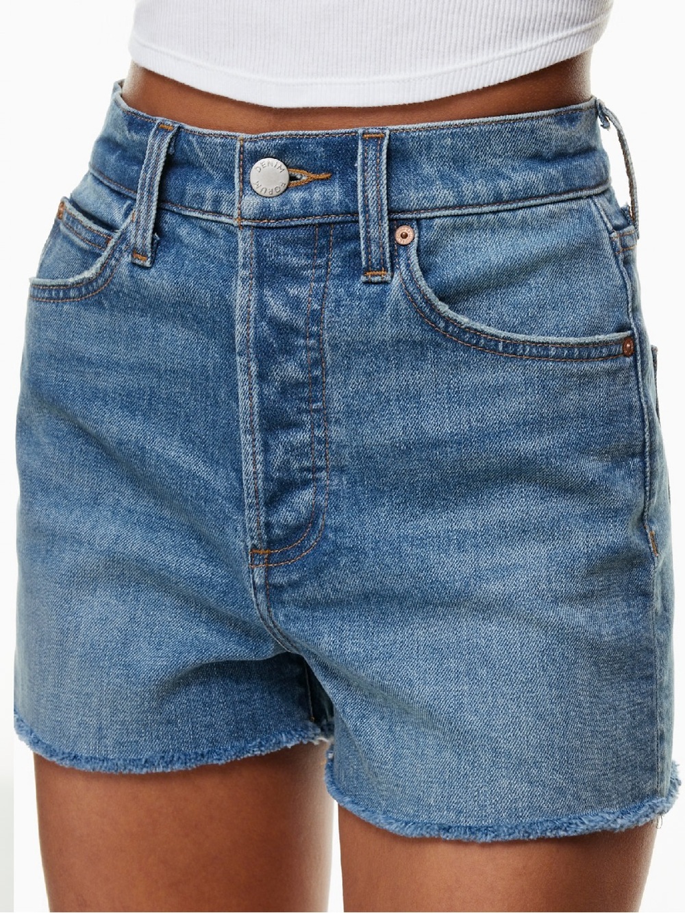 Denim Forum Mid-Wash High-Rise Jean Shorts - Blue